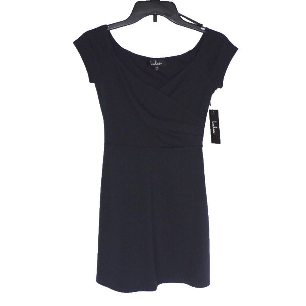 Lulus Navy Blue Side Zip Faux Wrap Fit & Flare Dress XS NWT!